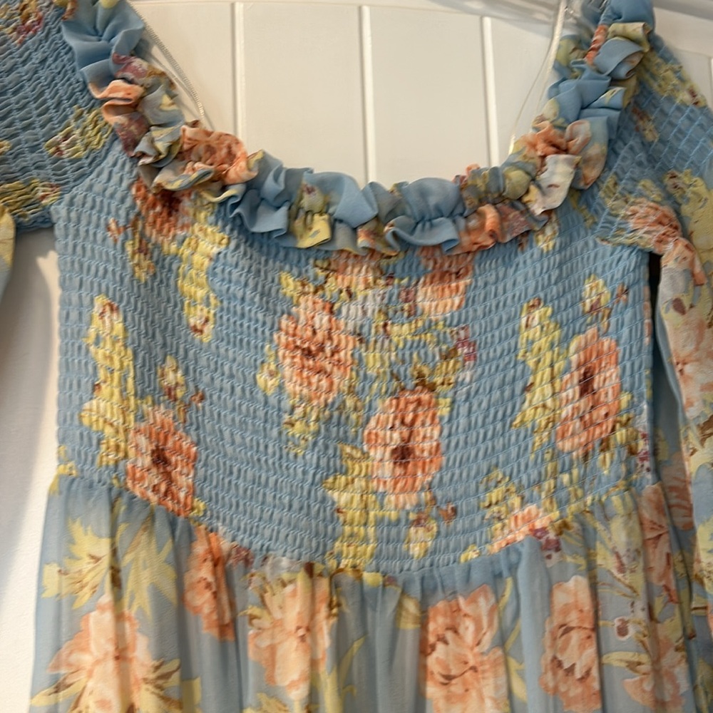 Aakaa Blue And Pink Floral Ruffle Off The Shoulder Long Sleeved Dress - Picture 5 of 11
